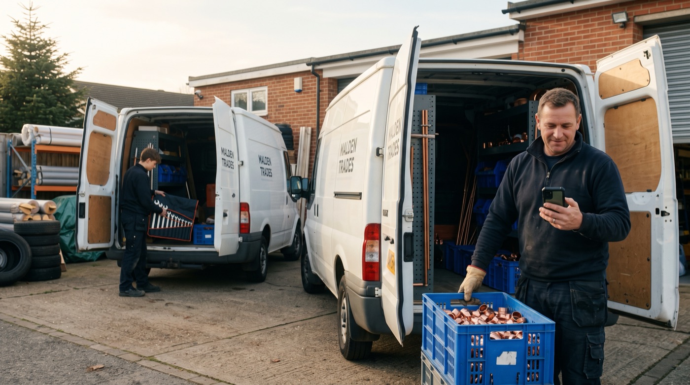 Two vans stand open in a yard at the start of a shift, one engineer checking his phone beside a crate of copper fittings while another loads tools.