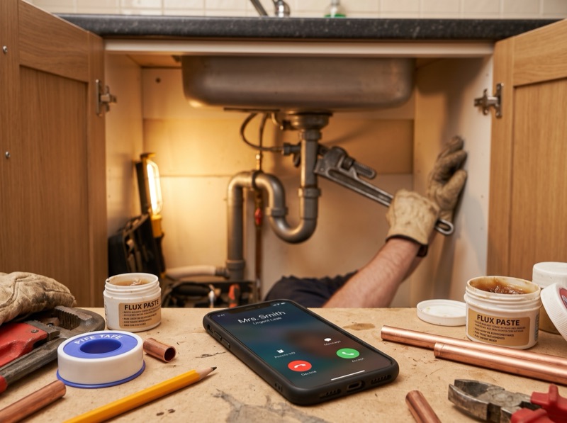 A phone rings on a kitchen worktop showing an incoming call, while the plumber's arm is still under the sink with a wrench.